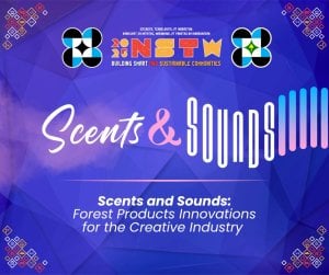 nstw event poster with geometric logos, and scents and sounds text on a blue patterned background.