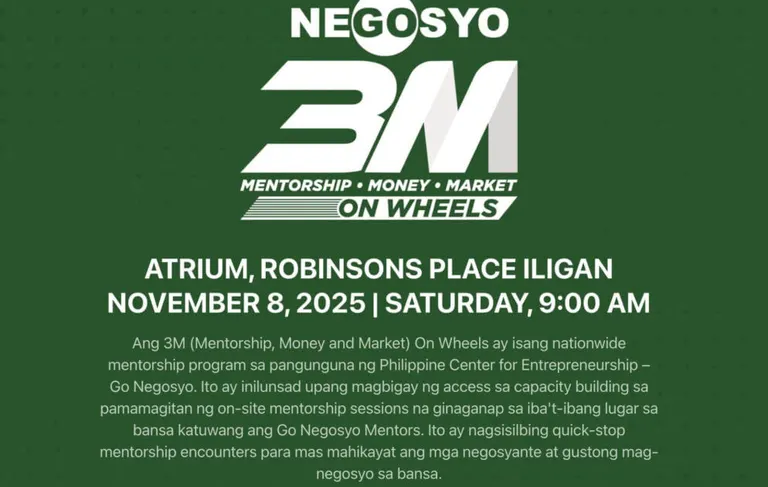 green event poster for 3m on wheels at robinsons iligan, nov 8, 2025, 9 am, with filipino text below.