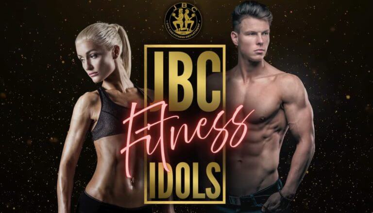 muscular woman and man pose beside ibc fitness idols logo on a dark, starry background.