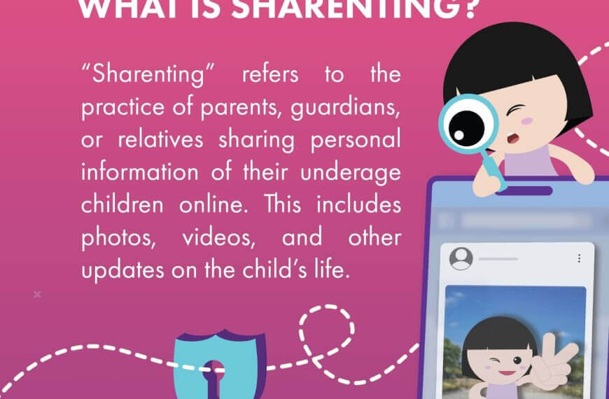 a cartoon child waves in a social media photo; text explains the meaning of sharenting on a pink background.