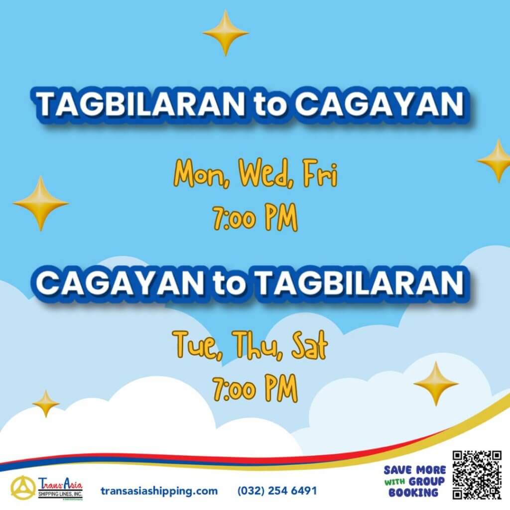 route schedule with gold stars: tagbilaran cagayan (mon, wed, fri) and vice versa (tue, thu, sat) at 7 pm.