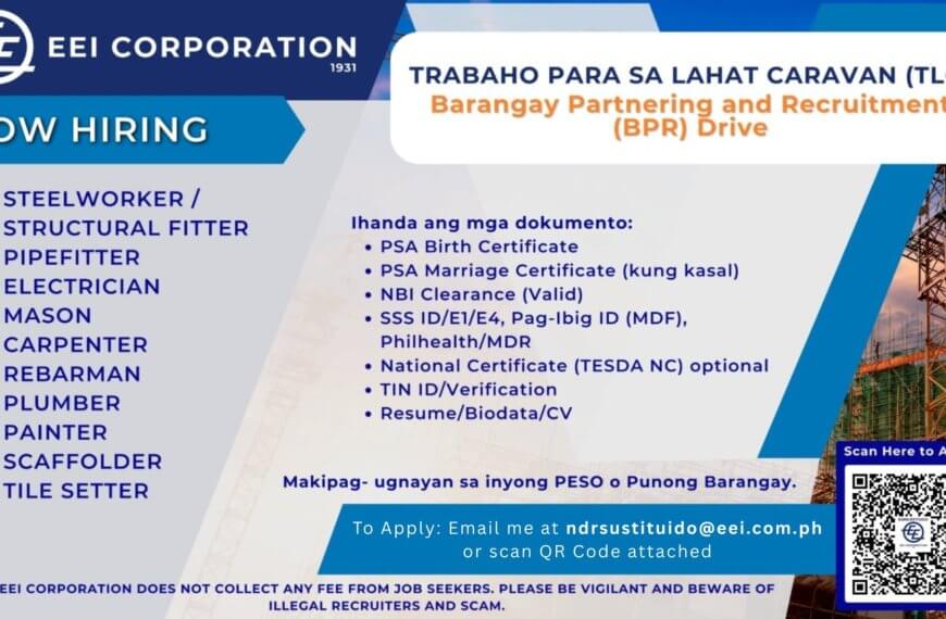 eei corporation hiring ad; lists vacancies and requirements in filipino and english, with application instructions.