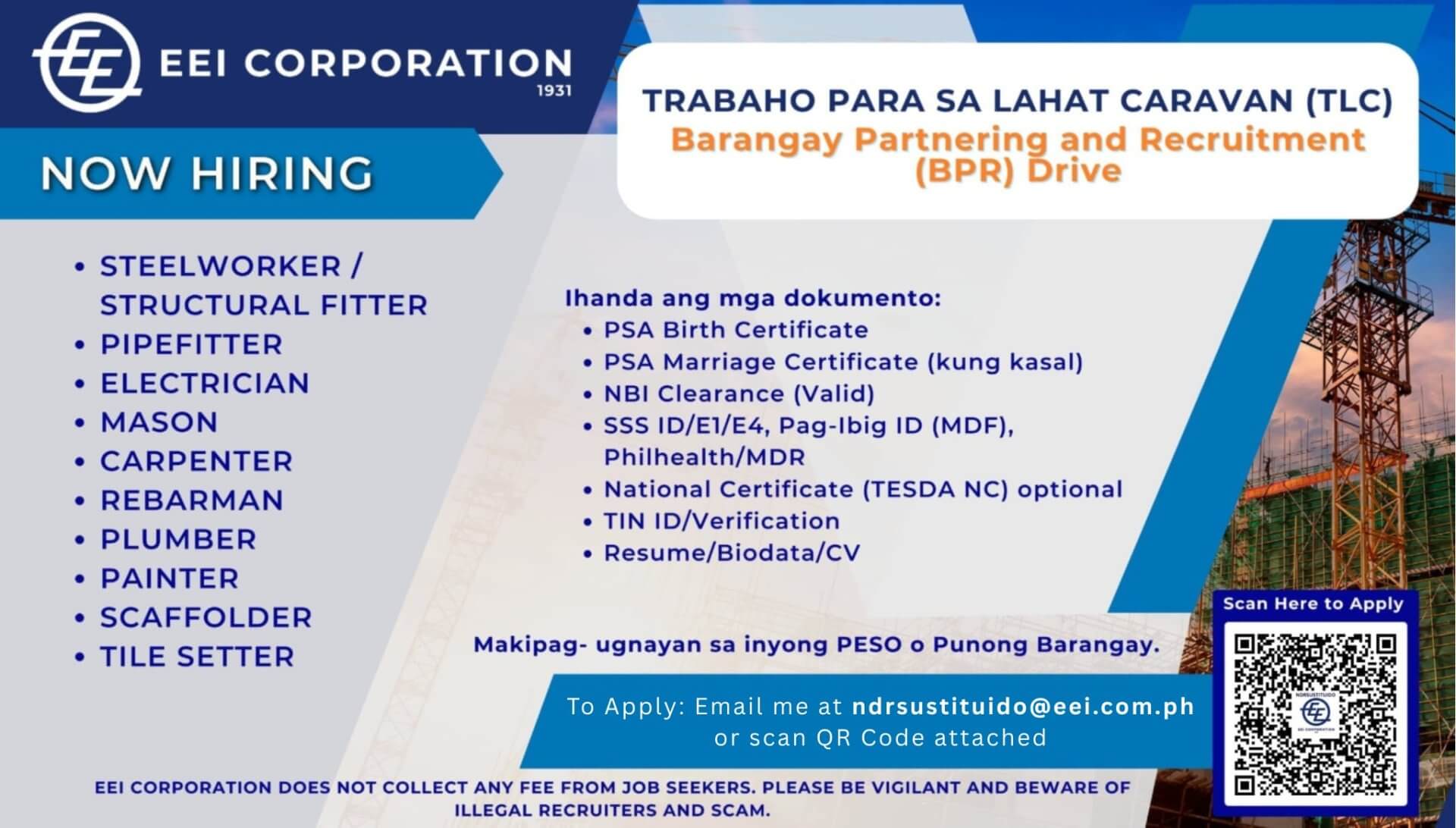 eei corporation hiring ad; lists vacancies and requirements in filipino and english, with application instructions.