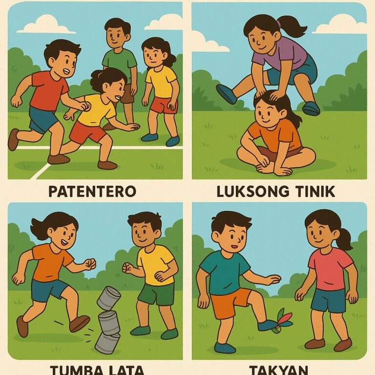 four panels of iligan youth playing palarong batang iliganon games outdoors in 2025.