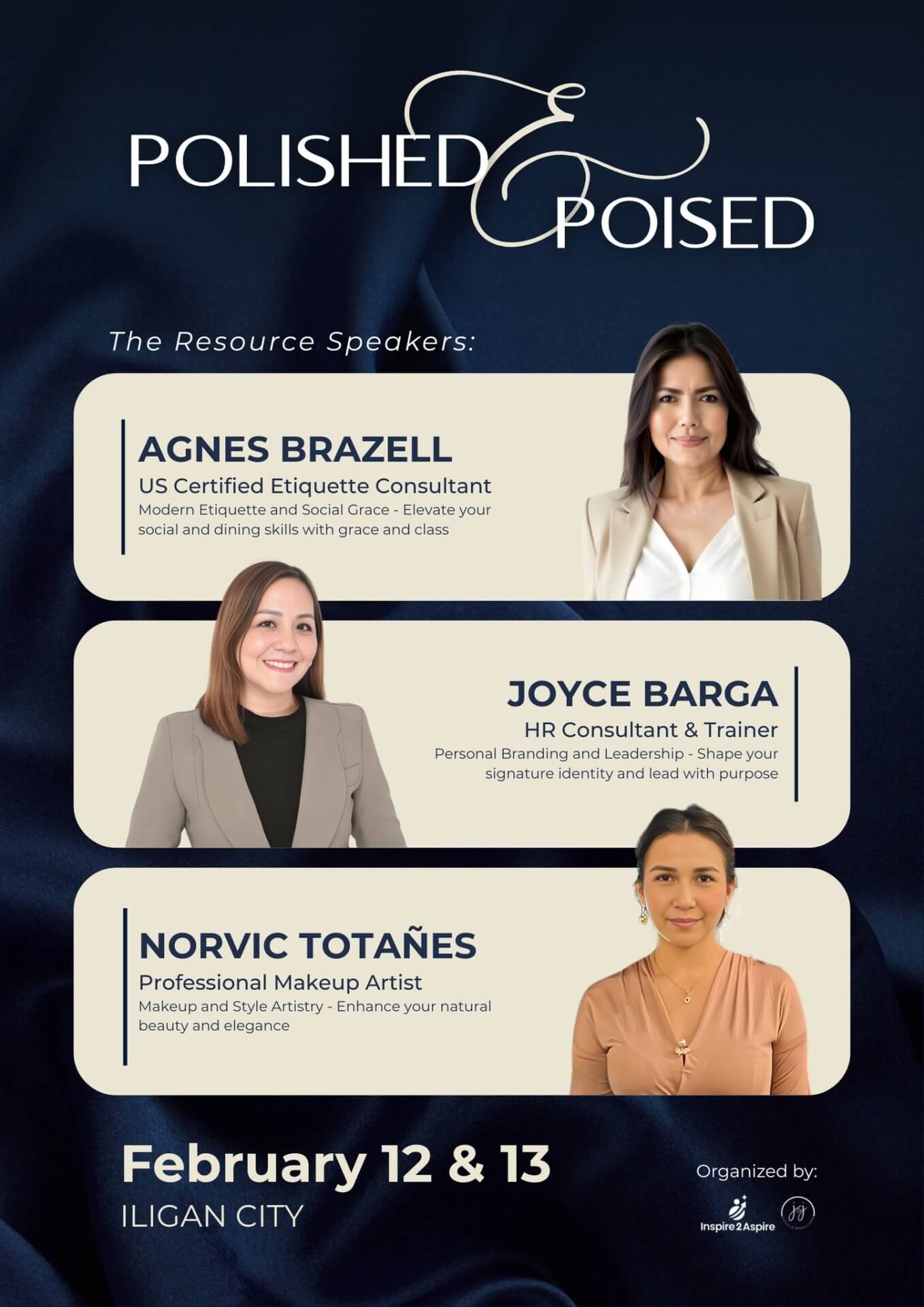 event poster with photos of three female speakers and details for “polished & poised” in iligan city, feb 12 & 13.
