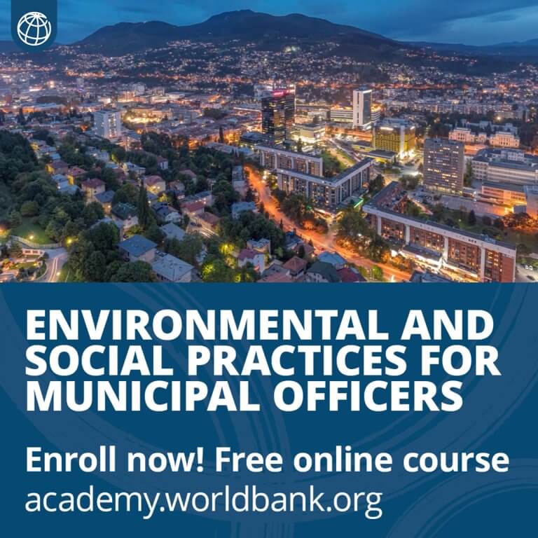 a cityscape at dusk with course details for municipal officers on environmental and social practices.