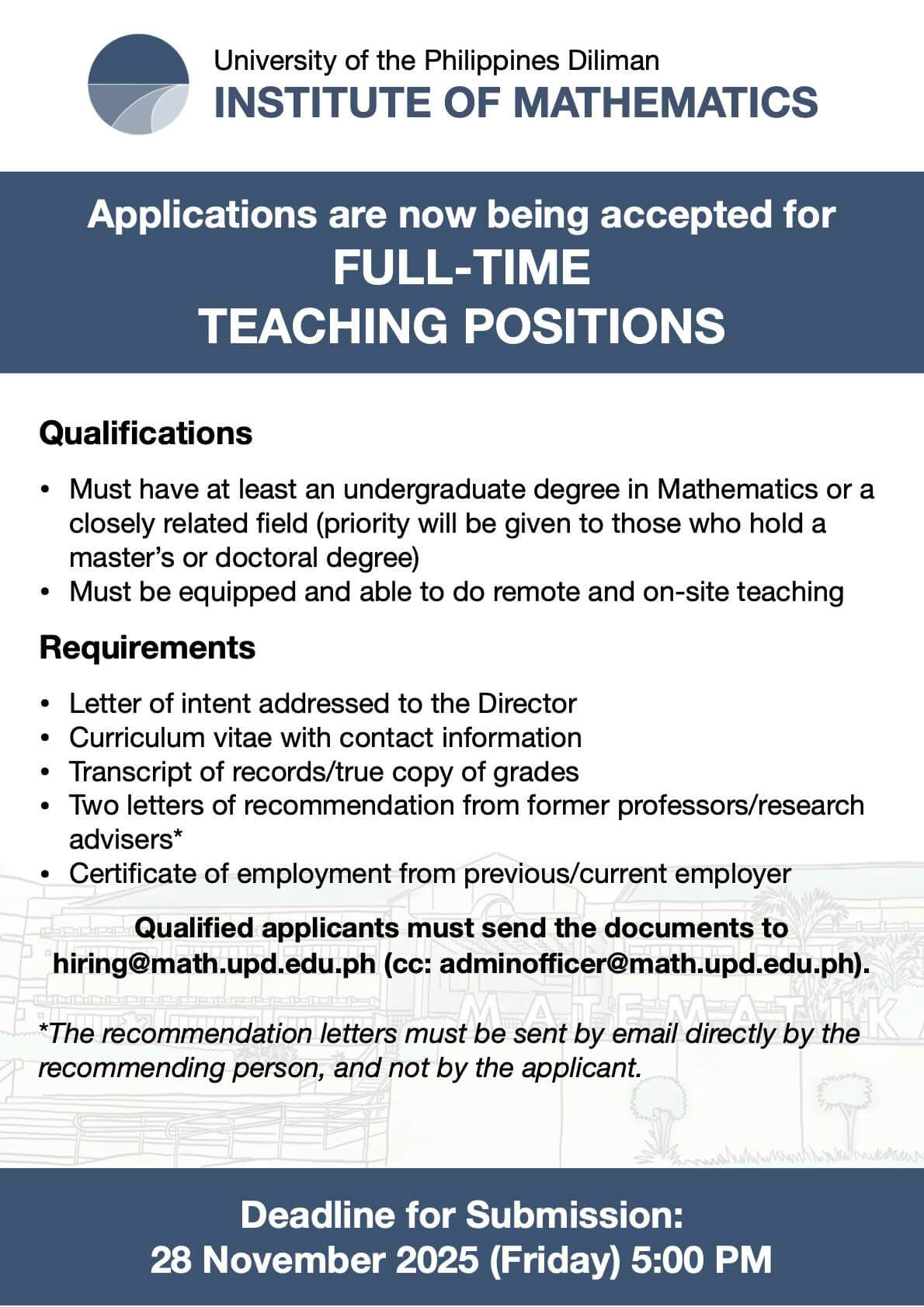 up institute of mathematics hiring full time faculty; lists qualifications, requirements, and nov 28, 2025 deadline.