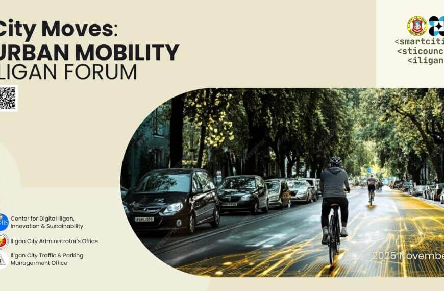 poster for city moves: urban mobility iligan forum with cyclist, cars, and tree lined road for a greener city.