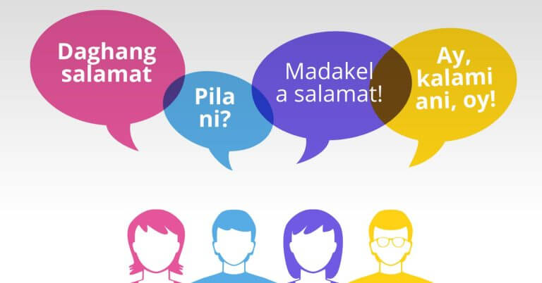four illustrated people with colorful speech bubbles share voices and greetings from mindanao and beyond.