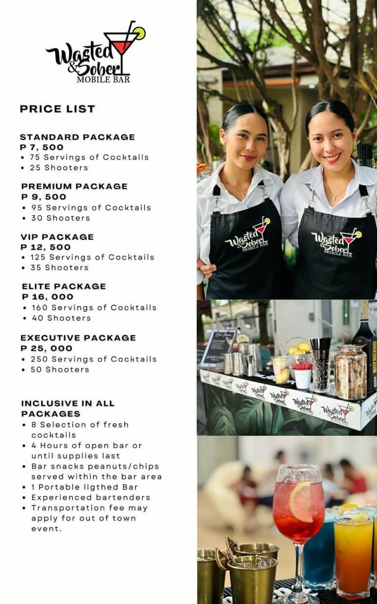 two smiling women in aprons stand behind a mobile bar with cocktails; cotton candy packages price list is shown.