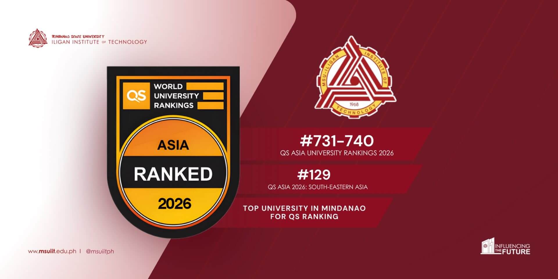 qs asia 2026 badge, liceo logo, and ranking info: #731 740 asia, #129 se asia, top mindanao university.