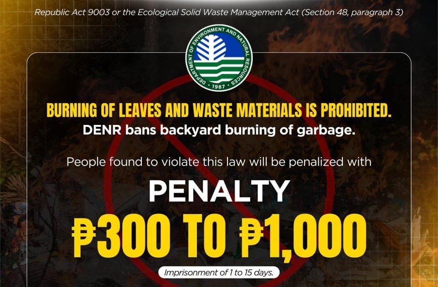 anti burning law poster warns against burning leaves or waste, with fines of ₱300 ₱1,000 and jail time.