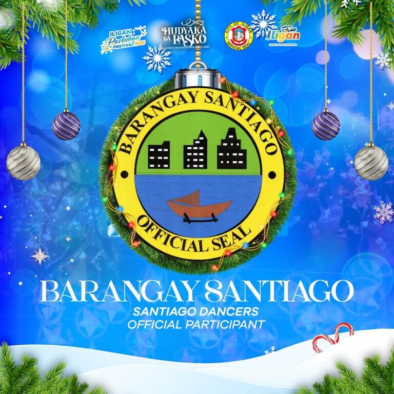barangay santiago seal on a wreath, festive ornaments, and blue background with christmas decorations.