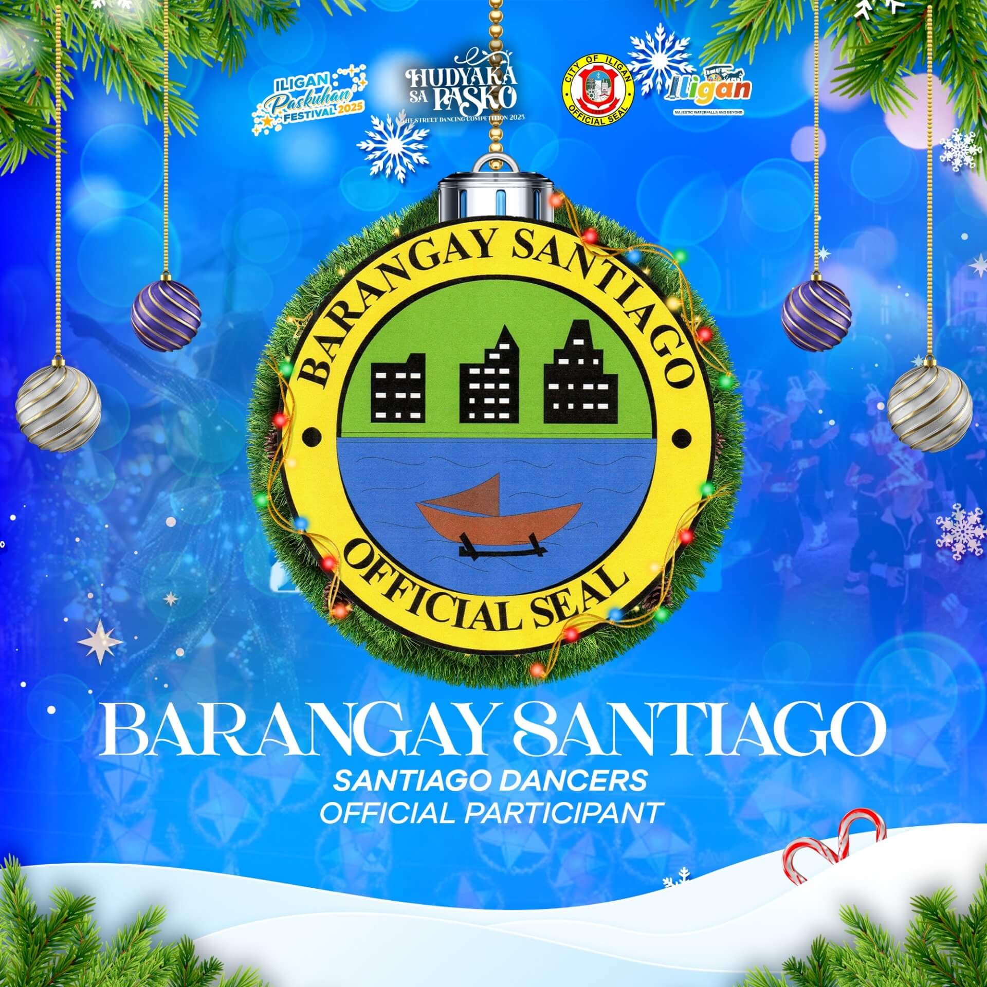 barangay santiago seal on a wreath, festive ornaments, and blue background with christmas decorations.