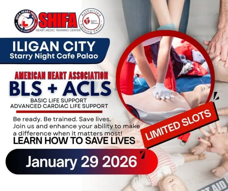 hands performing cpr on a mannequin, iligan city training flyer for bls + acls course, january 26, 2026.