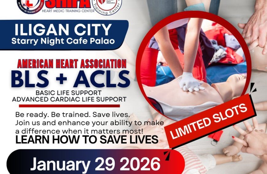 hands performing cpr on a mannequin, iligan city training flyer for bls + acls course, january 26, 2026.