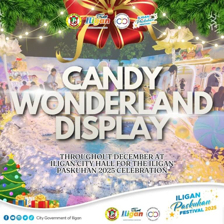 candy wonderland display at iligan city hall lights up for paskuhan festival 2025 with festive props and decor.
