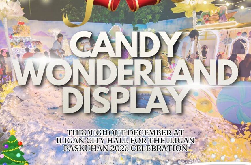 candy wonderland display at iligan city hall lights up for paskuhan festival 2025 with festive props and decor.