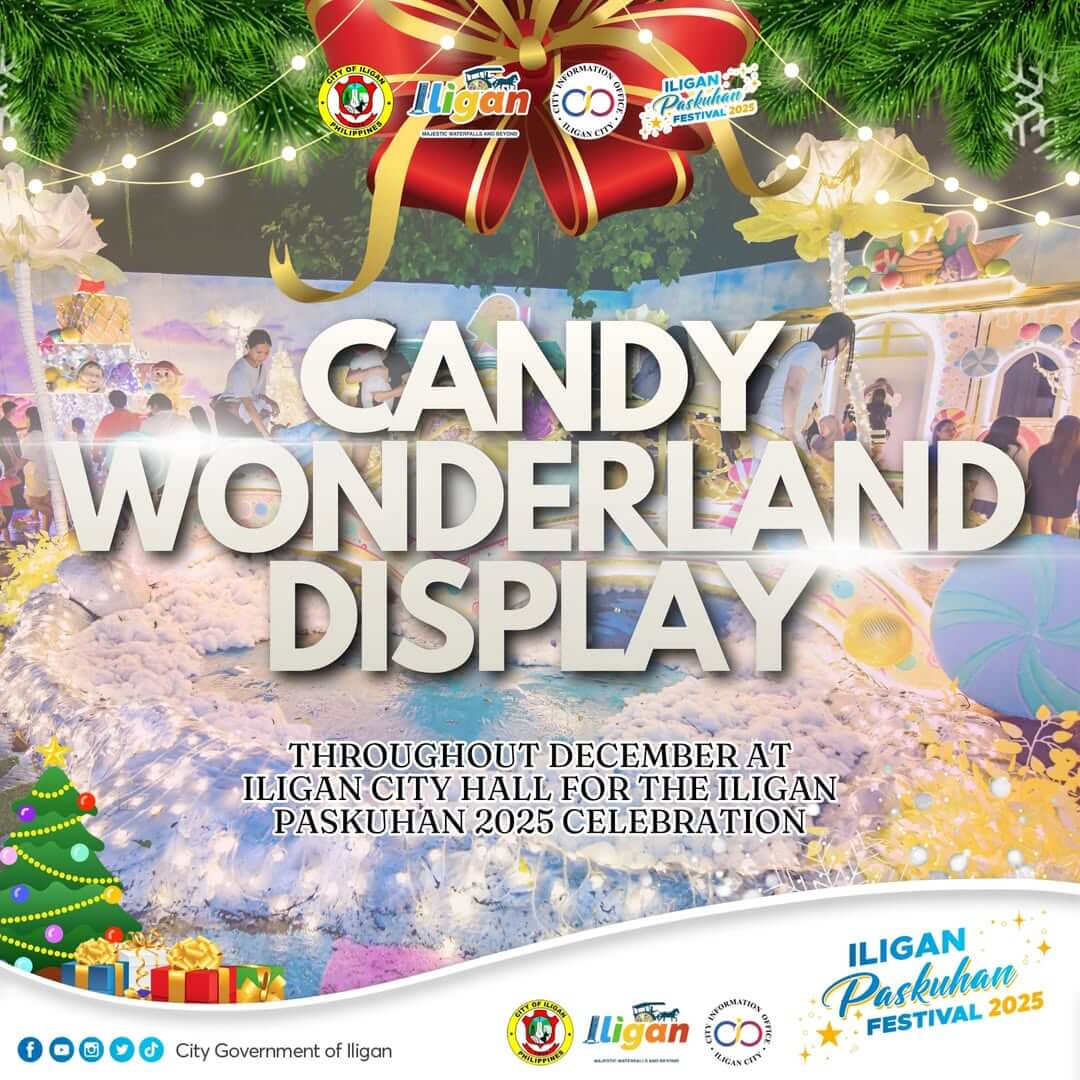 candy wonderland display at iligan city hall lights up for paskuhan festival 2025 with festive props and decor.