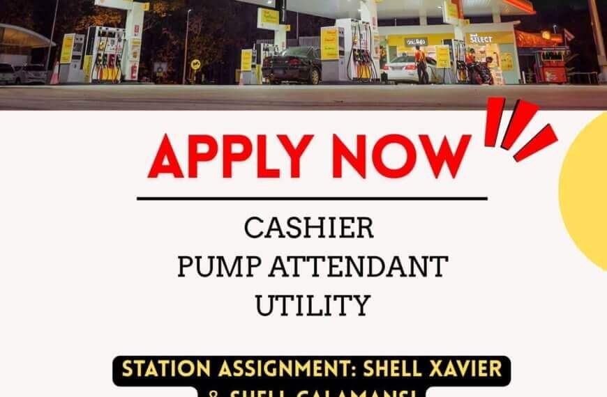 a shell gas station at dusk; job ad for cashier, pump attendant, and utility at shell xavier & calamansi.