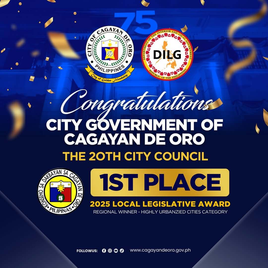 blue and gold graphic celebrating cdo city council’s top award for highly urbanized cities in 2025.