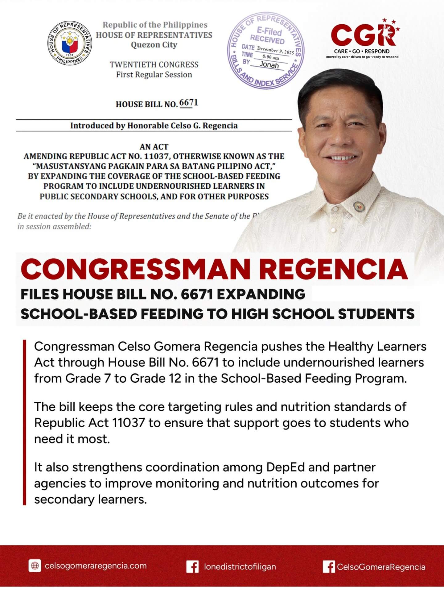 poster with congressman regencia promoting a feeding program for improved student nutrition in high schools.