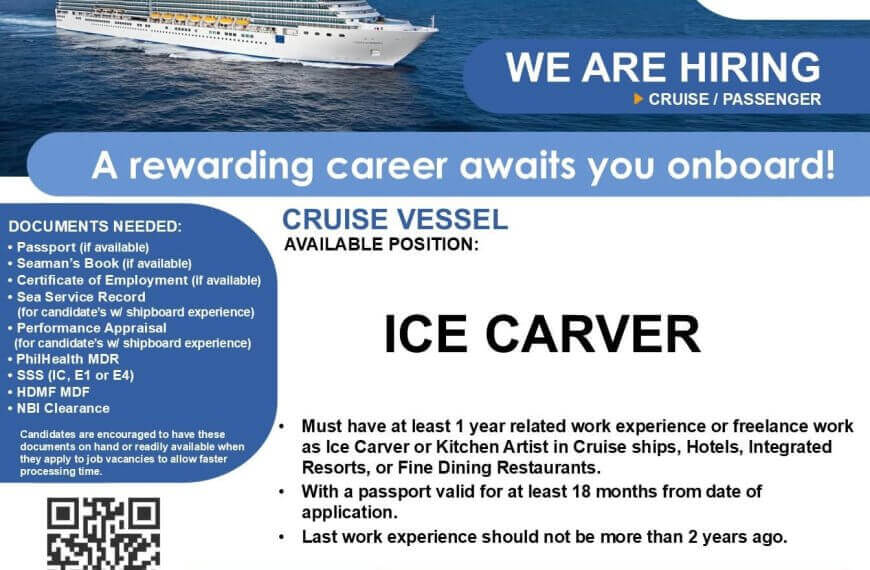 job ad for ice carver on cruise vessels, listing requirements, documents needed, and contact information.