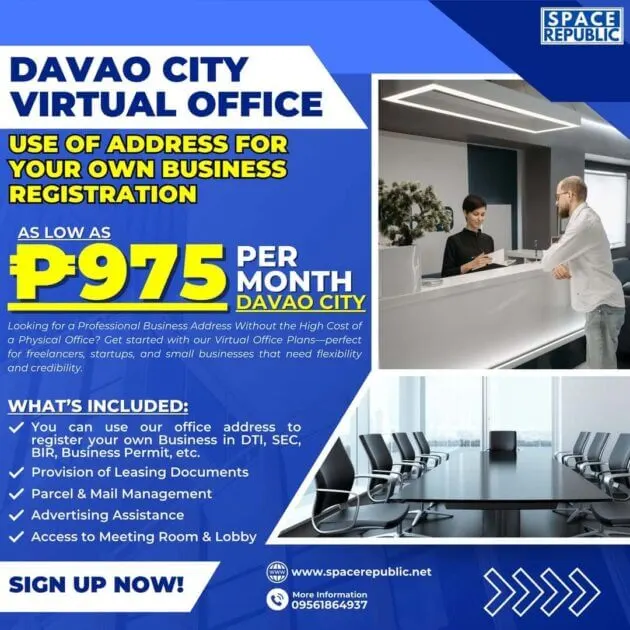 ad for space republic’s davao city virtual office at ₱975/month, listing features and contact information.