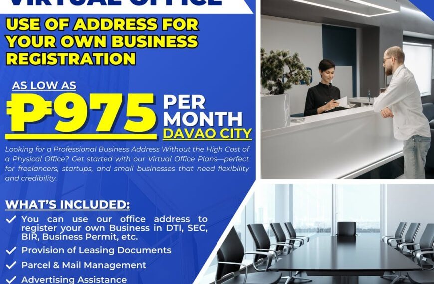 ad for space republic’s davao city virtual office at ₱975/month, listing features and contact information.