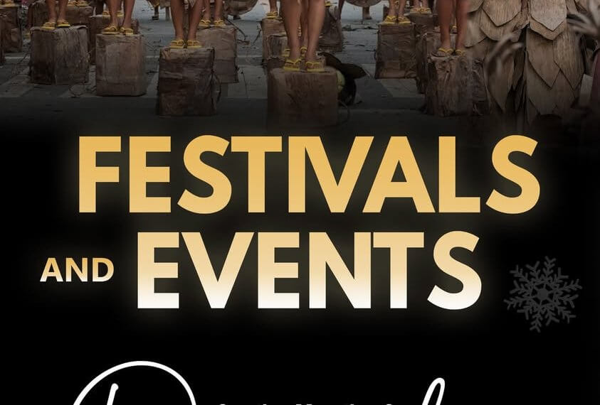 people in brown costumes stand in festive formation above text: festivals and events for the month of december.