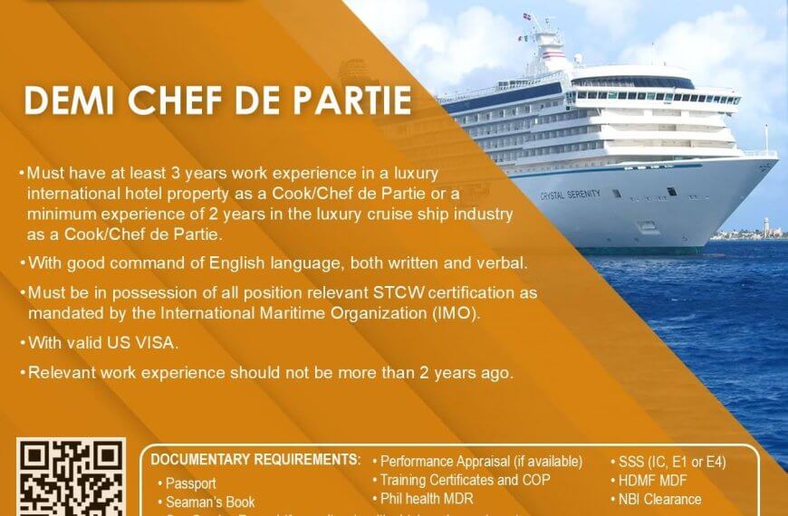 blue and orange job ad for demi chef de partie on a cruise ship, listing requirements and application details.