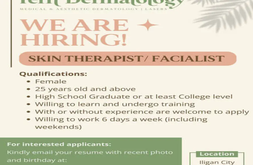 a we are hiring! ad for a skin therapist/facialist with qualifications and application details listed.