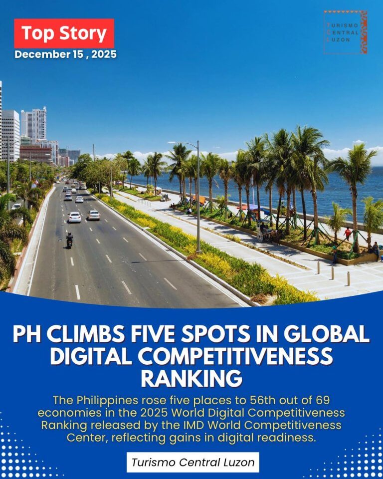 a seaside boulevard in the philippines with city buildings; headline about the country’s digital progress.