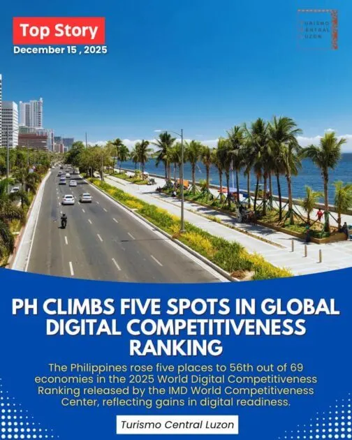 a seaside boulevard in the philippines with city buildings; headline about the country’s digital progress.