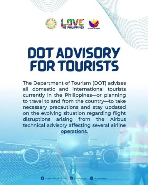 a dot travel advisory poster warns tourists of flight disruptions impacting several philippine airline operations.