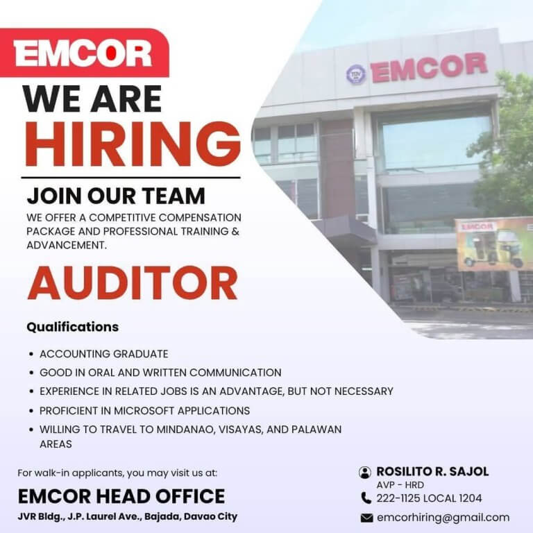 job hiring ad for an auditor at emcor with qualifications and contact details against an office building background.