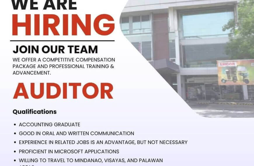job hiring ad for an auditor at emcor with qualifications and contact details against an office building background.