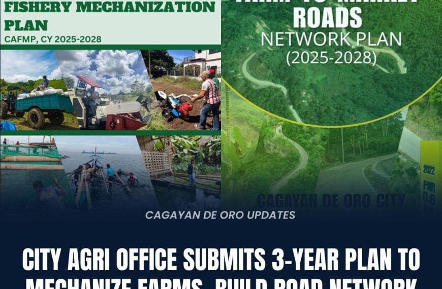 split graphic: left shows farm mechanization, right shows farm roads; headline about 3 year farm, road plan.