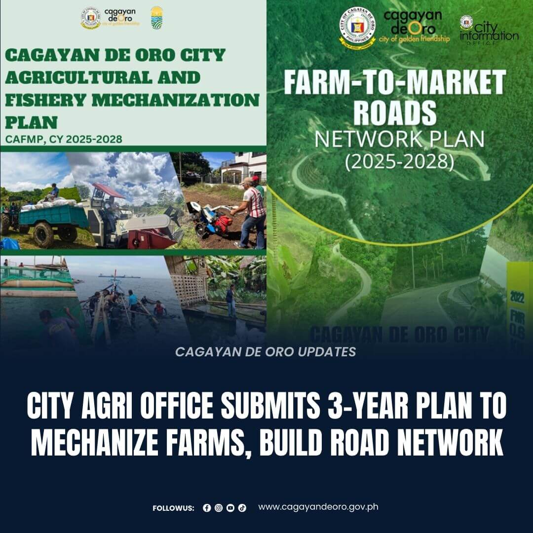 split graphic: left shows farm mechanization, right shows farm roads; headline about 3 year farm, road plan.