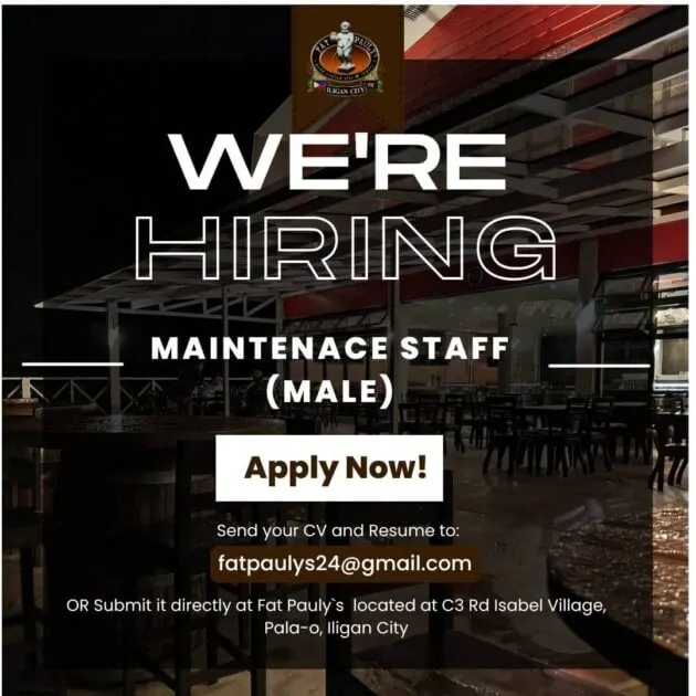 job hiring ad for male maintenance staff at fat pauly’s, with application email and location details shown.