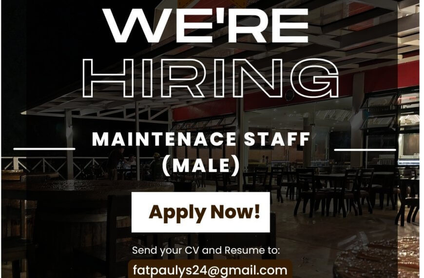 job hiring ad for male maintenance staff at fat pauly’s, with application email and location details shown.