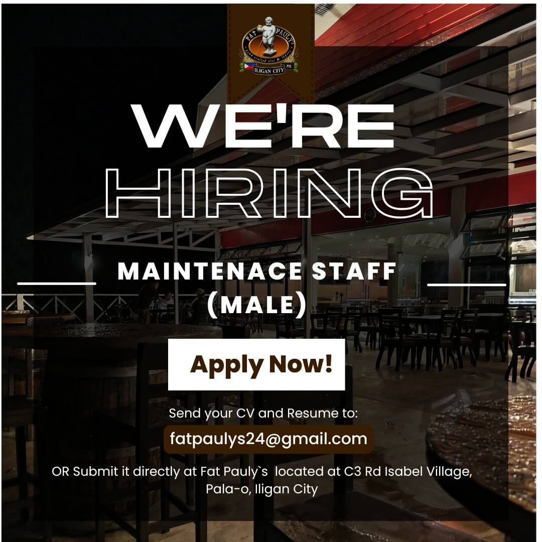 job hiring ad for male maintenance staff at fat pauly’s, with application email and location details shown.