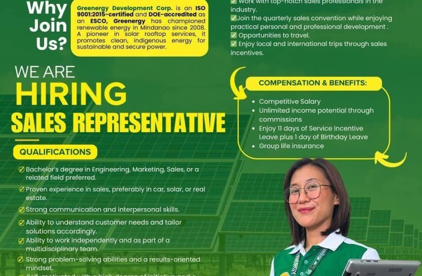 join greenergy as a mindanao sales representative—enjoy great benefits and apply now to grow your career!.