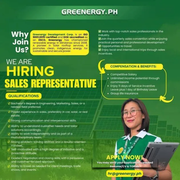 join greenergy as a mindanao sales representative—enjoy great benefits and apply now to grow your career!.