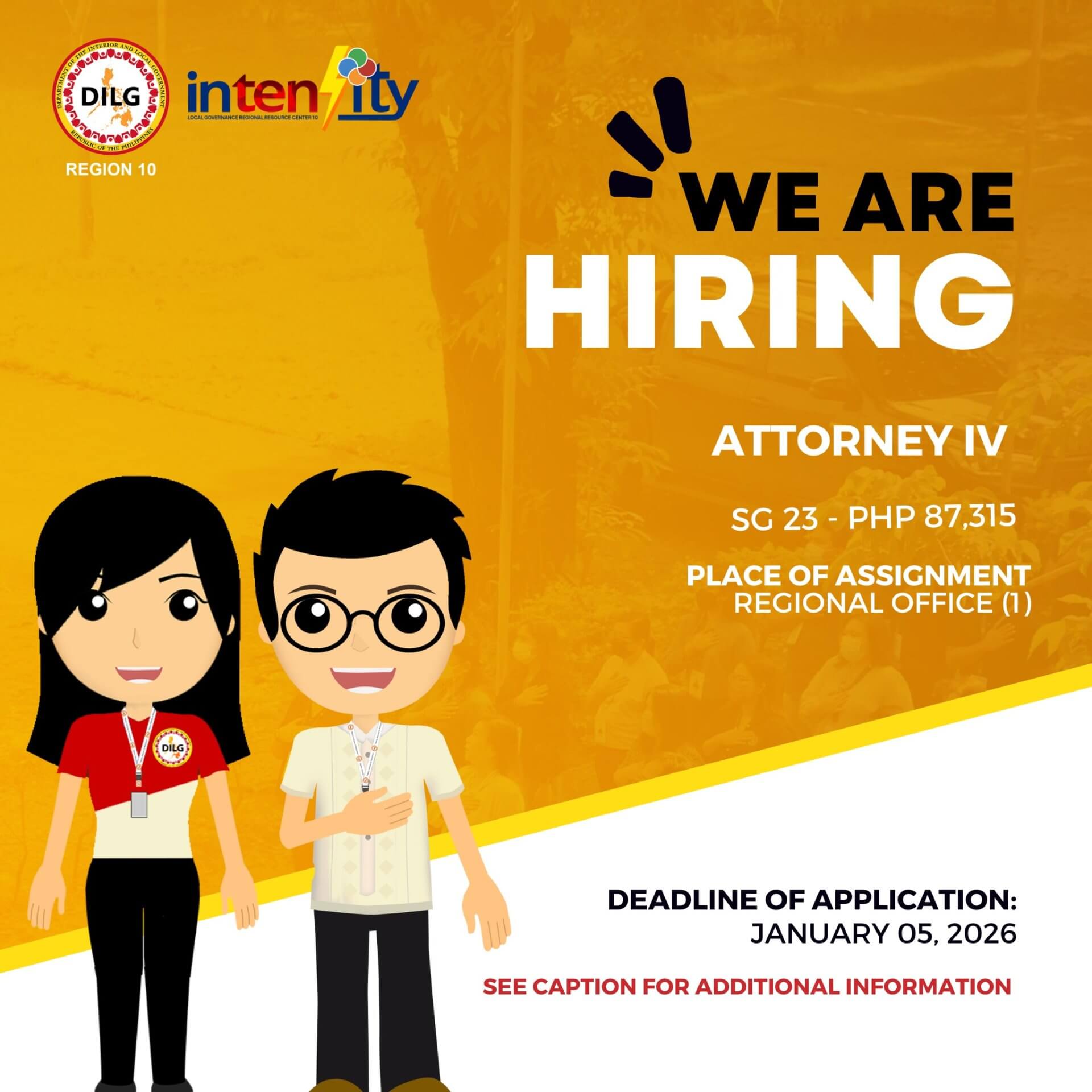job hiring poster for attorney iv with cartoon characters, salary info, and january 5, 2026 deadline.