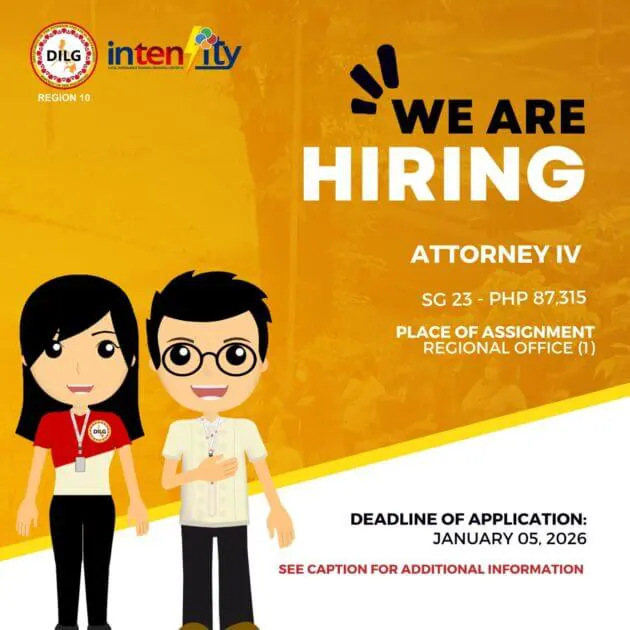 job hiring poster for attorney iv with cartoon characters, salary info, and january 5, 2026 deadline.
