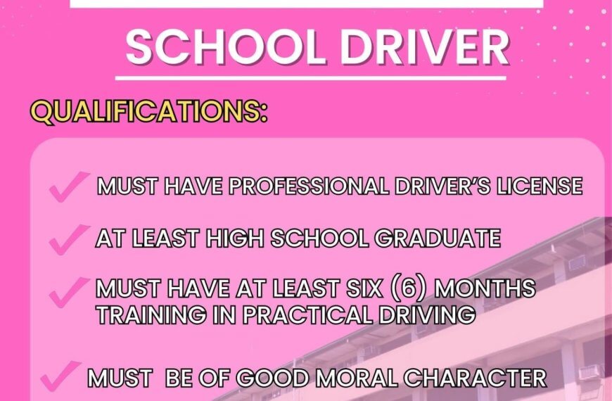 a pink school driver hiring poster with job qualifications and email for sending application at a school.