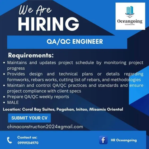 job hiring ad for qa/qc engineer with qualifications, contact info, and submission instructions on a blue background.