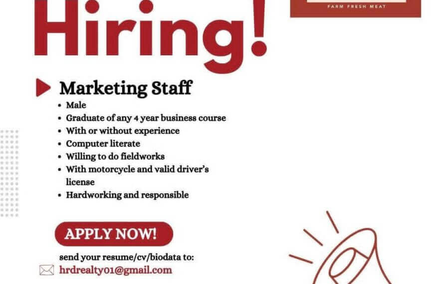 hiring ad for marketing staff at village meatshop, listing job requirements and application details.