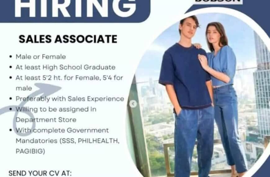 two young adults in casual blue outfits stand indoors; text advertises a job opening for sales associate.